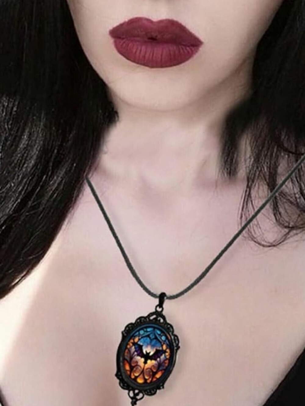 Black Bat Gothic Style Pendant Necklace - Blue & Orange - Picture 3 of 6